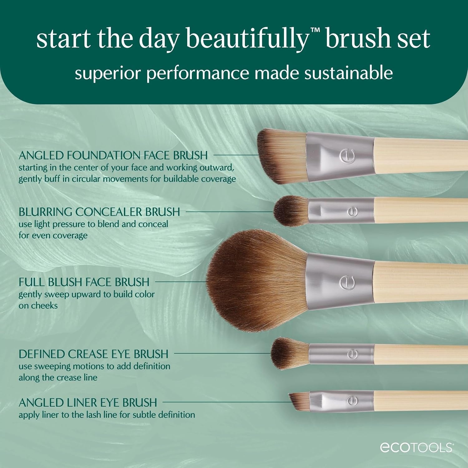 6-Piece Start the Day Beautifully Makeup Brush Set – Eco-Friendly Vegan Brushes for Eyeshadow, Blush, Concealer & Foundation with Synthetic Bristles