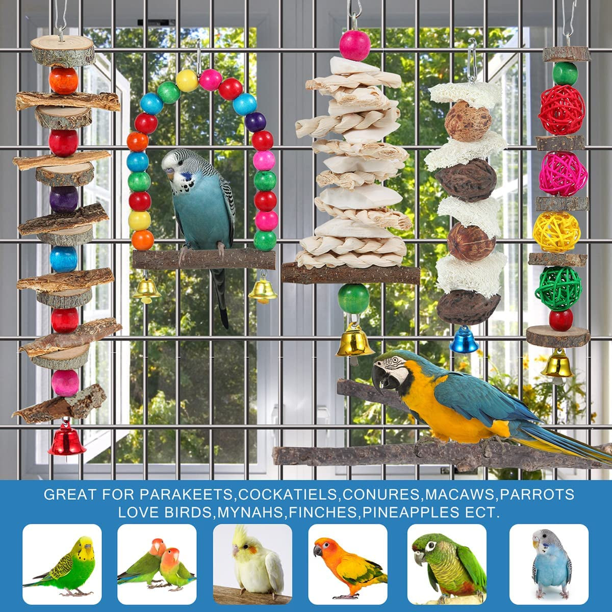 Bird Toys & Perch Set – 6-Pack Wooden Chew Toys & Stand for Parakeets, Cockatiels, Conures, Budgies, Lovebirds & Small to Medium Birds