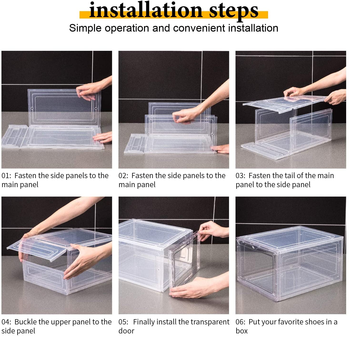 Drop-Front Shoe Storage Boxes – Set of 6 Stackable Clear Door Display Containers for Sneakers