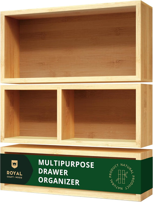 Luxury Bamboo Drawer Organizer Set – 3-Piece Multi-Use Storage Boxes for Kitchen, Bathroom, Office, Makeup & Jewellery