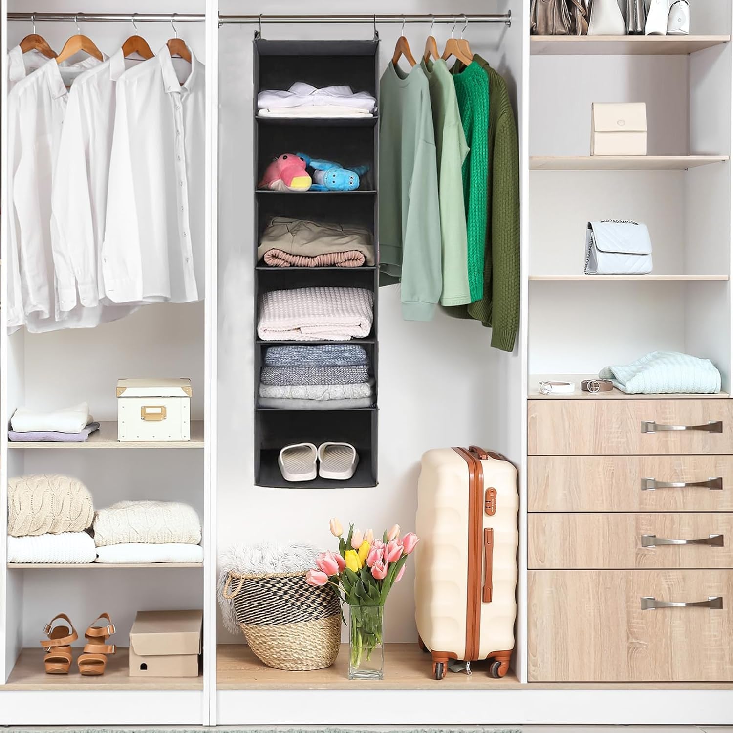 6-Tier Hanging Closet Organizer – Foldable Fabric Shelf with 2 Sturdy Hooks for Wardrobe & Storage Organization (Grey)