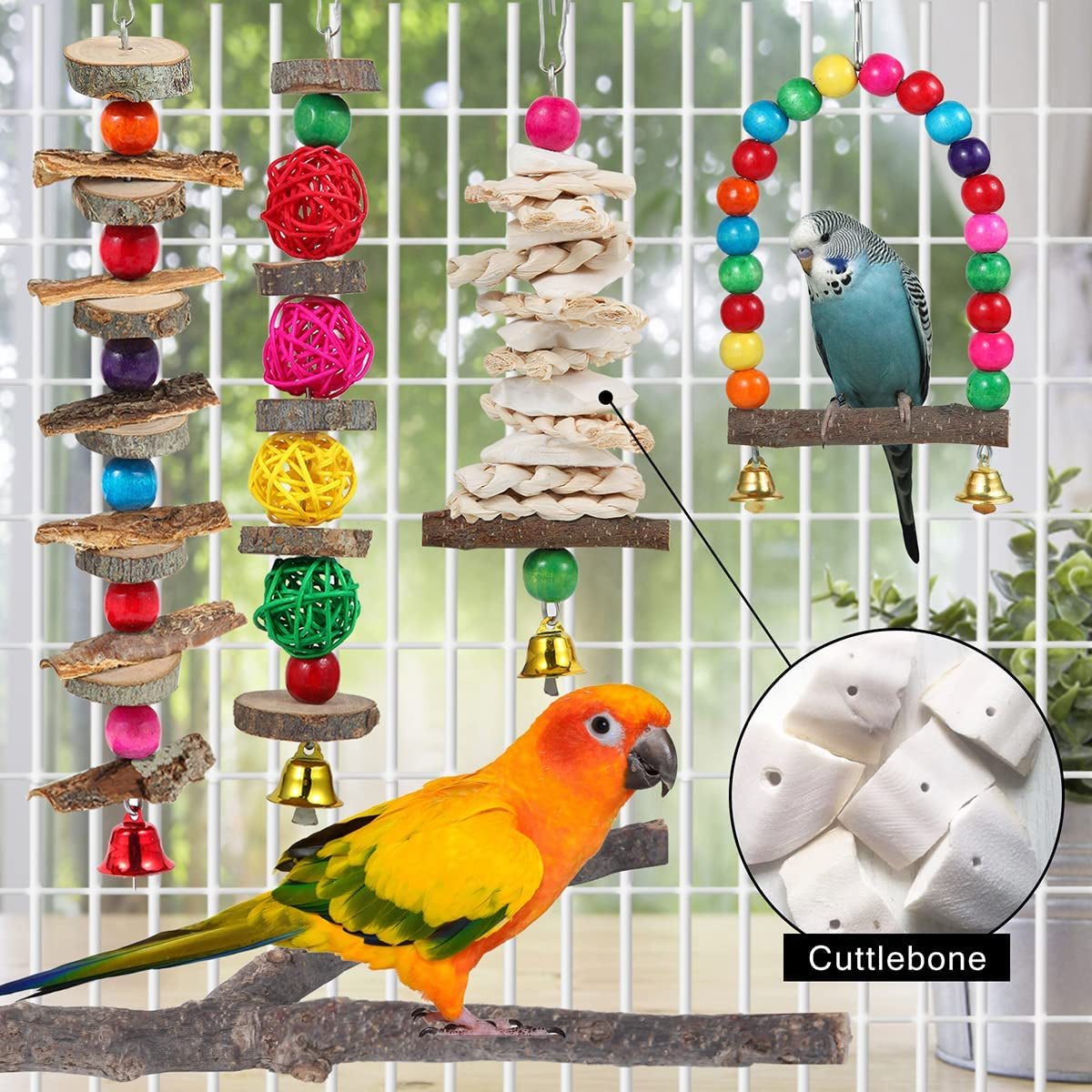 Bird Toys & Perch Set – 6-Pack Wooden Chew Toys & Stand for Parakeets, Cockatiels, Conures, Budgies, Lovebirds & Small to Medium Birds