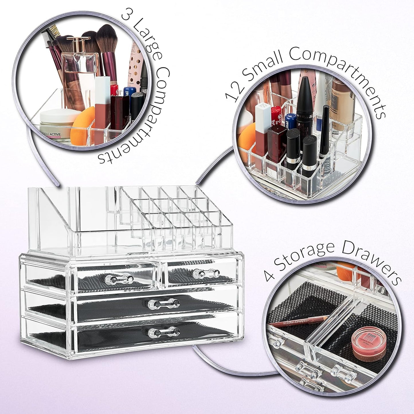 Clear Acrylic Makeup Organizer with 4 Drawers – 4-Tier Cosmetic Storage Box for Women & Teenagers (12 × 24 × 22 cm) – Skincare, Jewellery & Beauty Organizer for Bathroom or Dressing Table