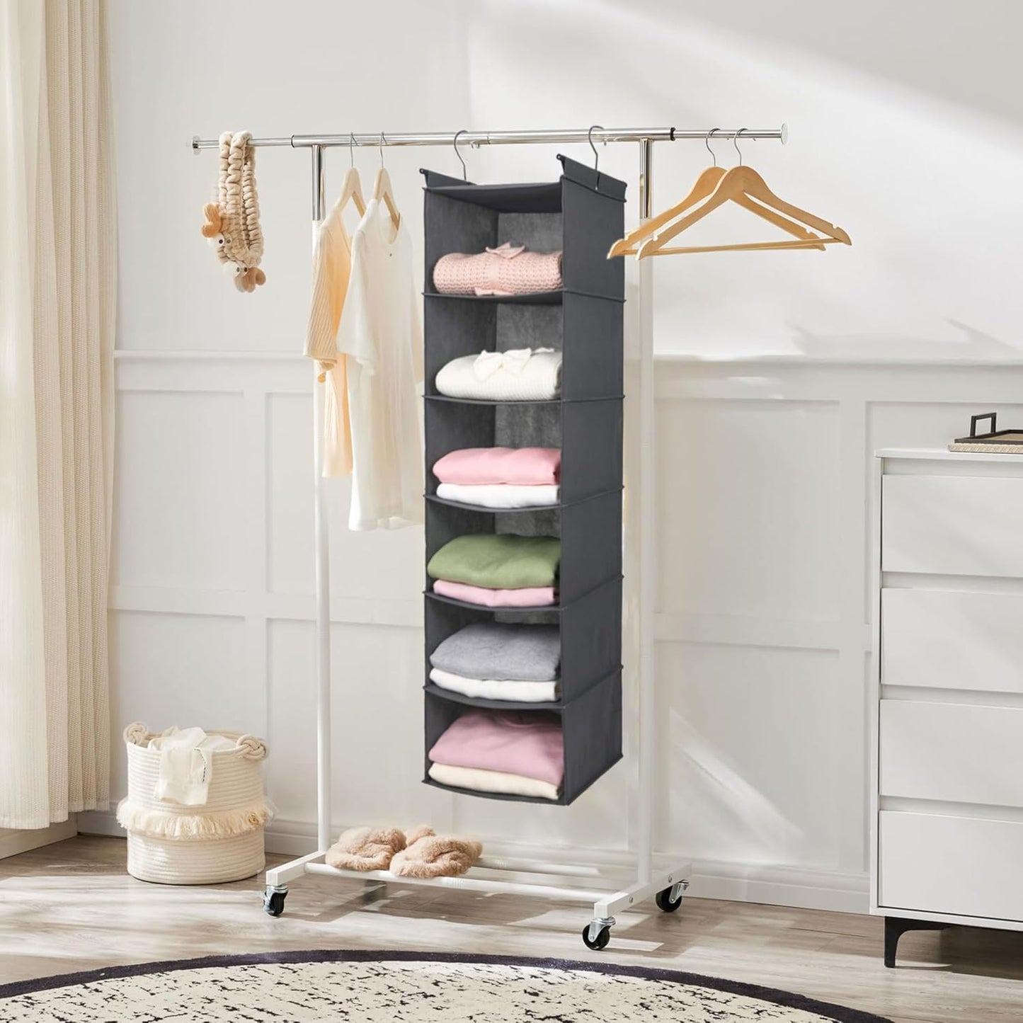 6-Tier Hanging Closet Organizer – Foldable Fabric Shelf with 2 Sturdy Hooks for Wardrobe & Storage Organization (Grey)