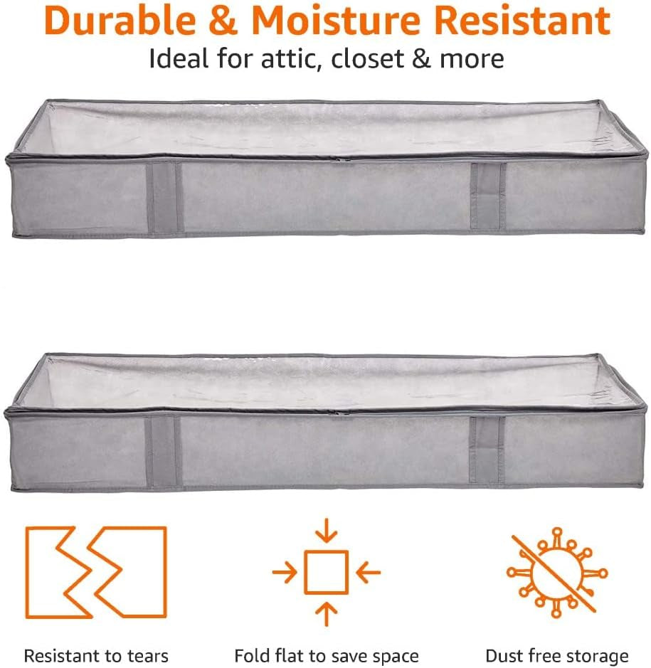 Underbed Storage Bags with Zipper & Clear Vinyl Top – 2-Pack Grey Organizers for Clothes, Bedding & Seasonal Items (45.7×106.7×15.2 cm)