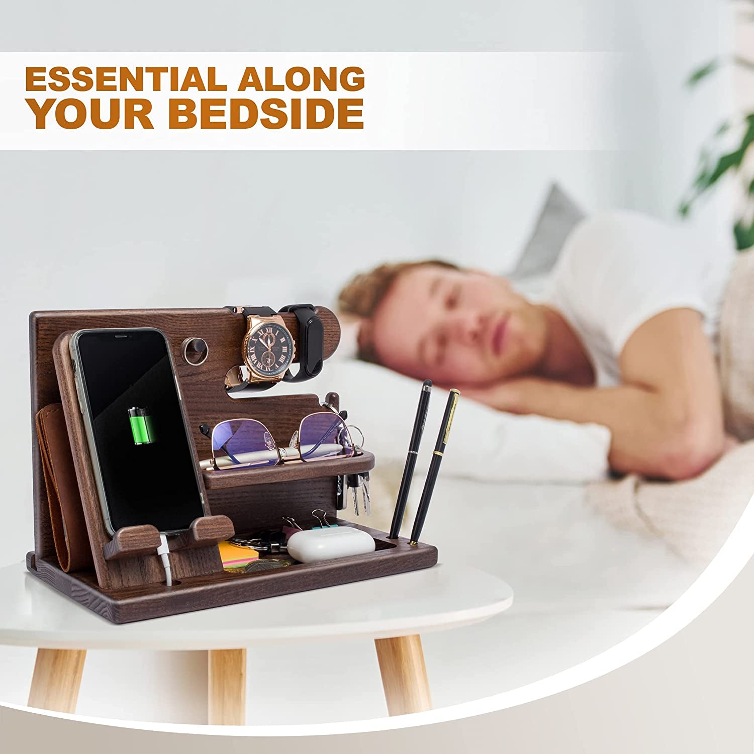 Wood Phone Docking Station Desk Organizer – Nightstand Key & Wallet Stand, Gift for Men, Dad, Boyfriend, Husband (Xmas, Birthday, Anniversary)