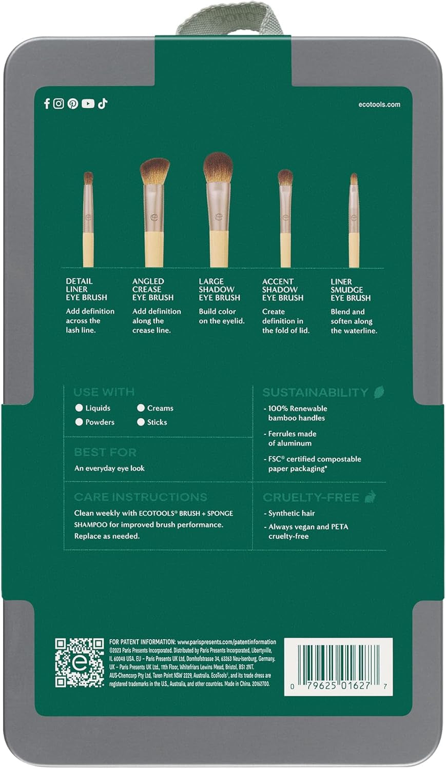 Daily Defined Eye Brush Kit with Storage Tray – 5-Piece Eco-Friendly Makeup Brushes for Liquid, Powder & Cream Eyeshadow & Eyeliner – Vegan, Cruelty-Free Synthetic Bristles