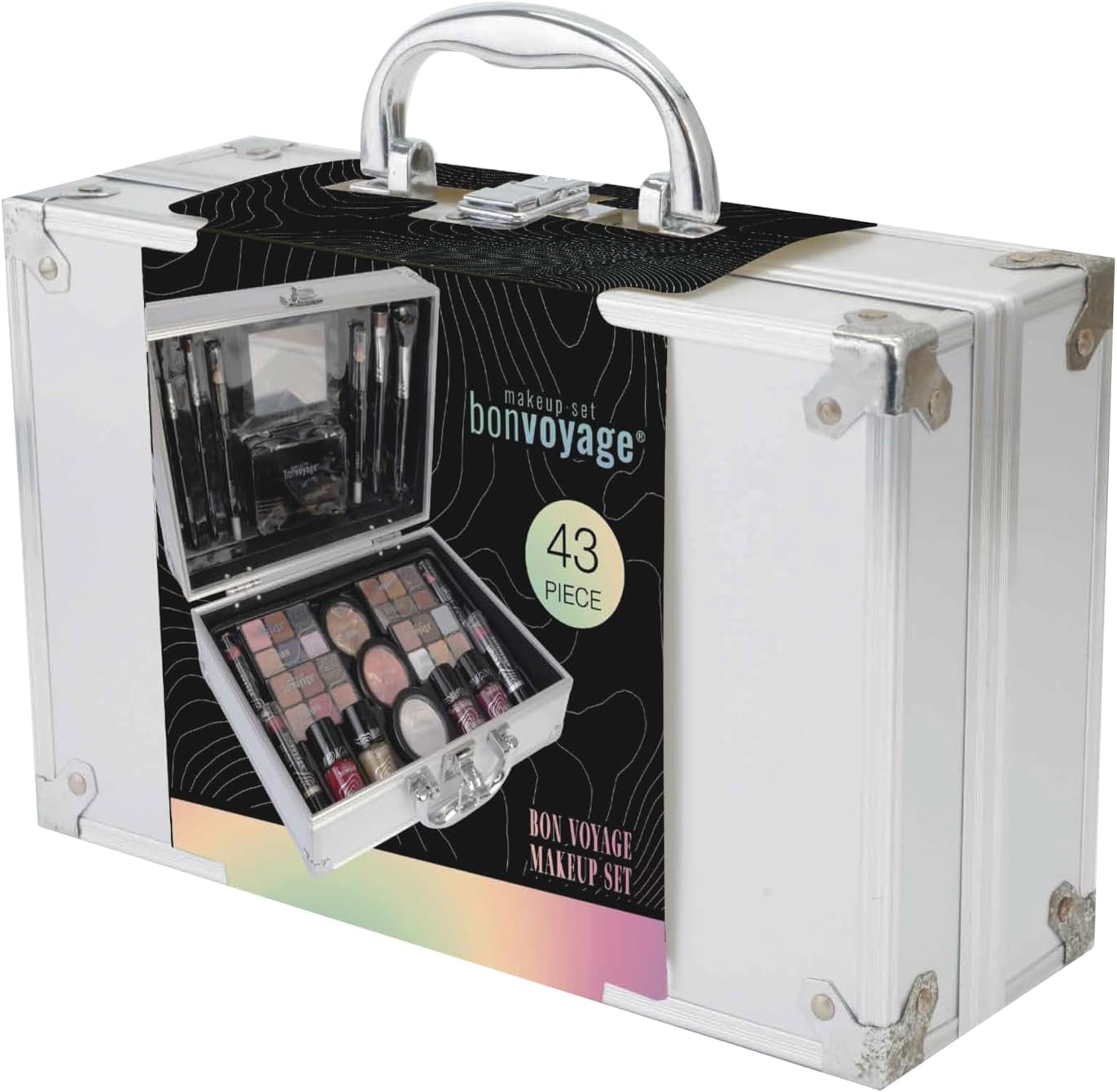 43-Piece Complete Makeup Kit – Lipsticks, Eyeshadows, Blush, Nail Polish & Brushes in Portable Metal Train Case – Bon Voyage Beauty Set