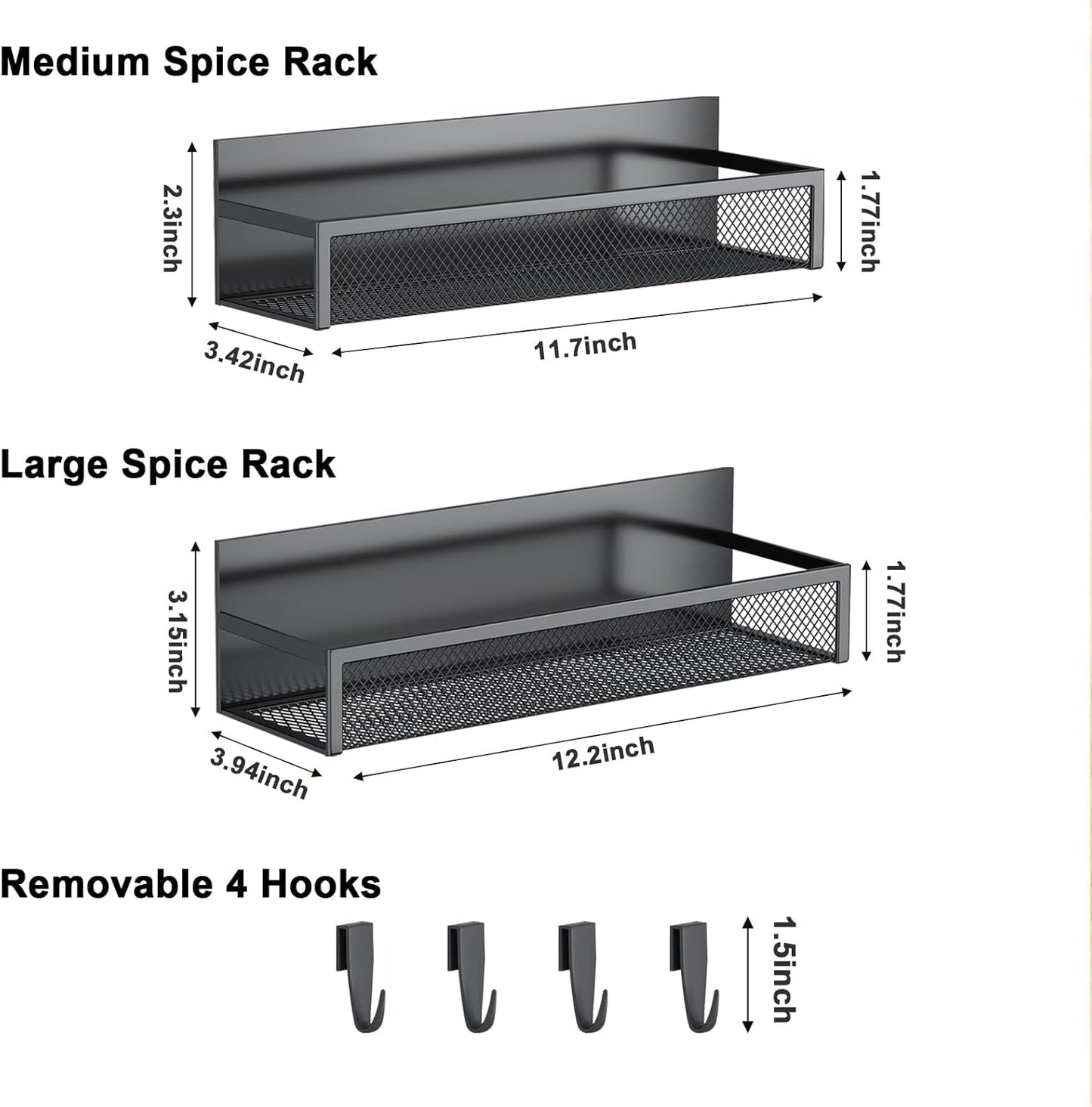2-Pack Magnetic Spice Rack for Refrigerator – Fridge Organizer Shelves with 4 Moveable Hooks – Space-Saving Magnetic Kitchen Storage Shelf for Spices & Utensils