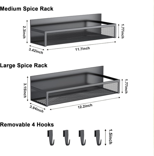 2-Pack Magnetic Spice Rack for Refrigerator – Fridge Organizer Shelves with 4 Moveable Hooks – Space-Saving Magnetic Kitchen Storage Shelf for Spices & Utensils