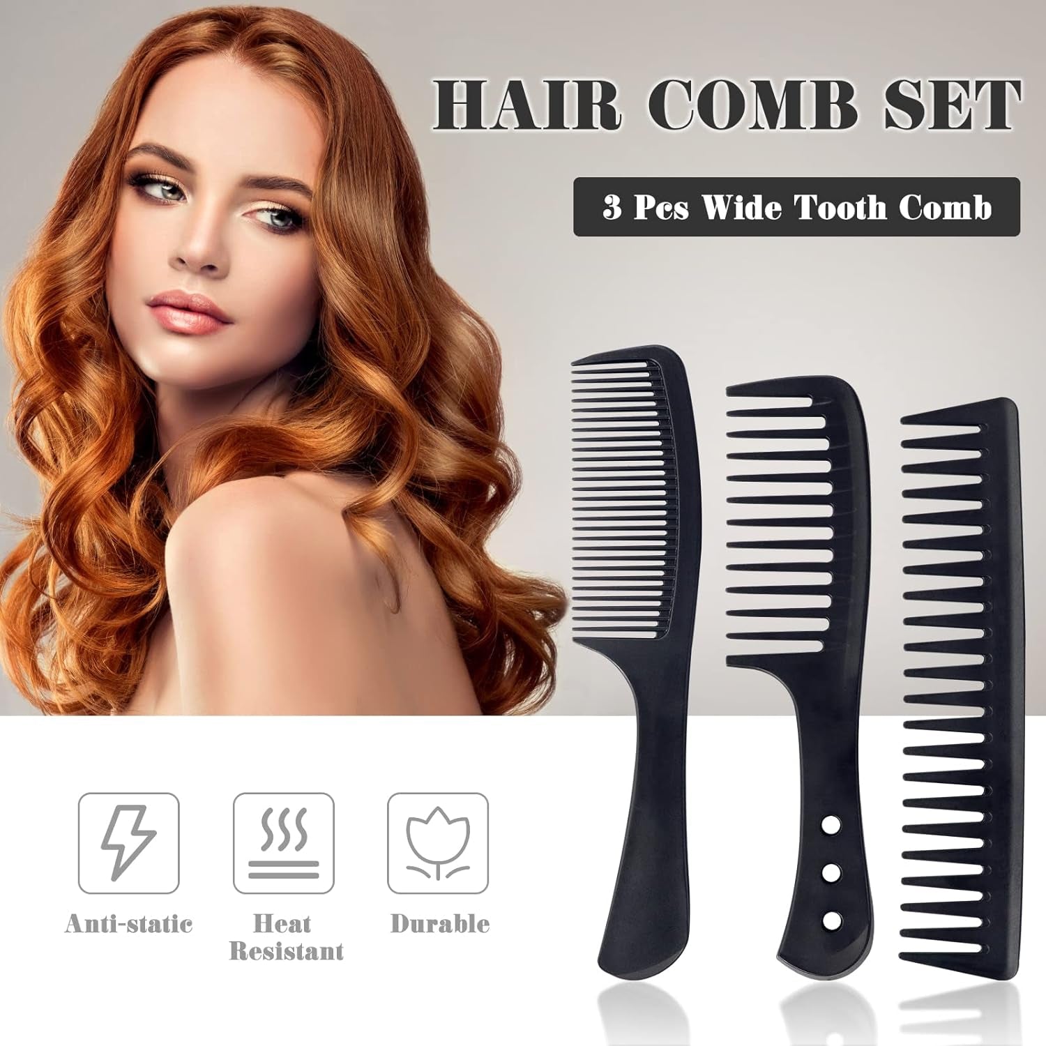 3-Piece Wide Tooth Comb Set – Carbon Fiber, Heat-Resistant & Anti-Static Styling Combs for All Hair Types