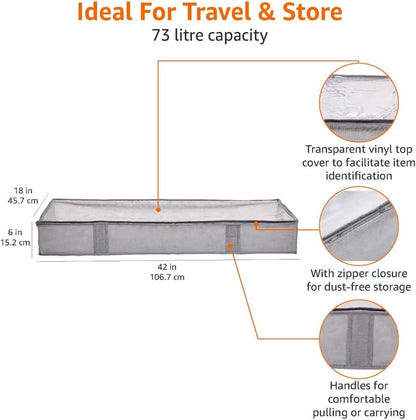 Underbed Storage Bags with Zipper & Clear Vinyl Top – 2-Pack Grey Organizers for Clothes, Bedding & Seasonal Items (45.7×106.7×15.2 cm)