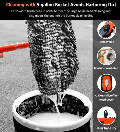 55" Extendable Car Wash Brush Mop – Soft Microfiber Cleaning Kit with Extra Mop Head & Storage Bag for Truck & SUV, Orange