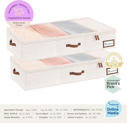 Underbed Storage Boxes with Lids – 2-Pack Large Rigid Containers for Clothes, Bedding & Bedroom Accessories, Ultra-Thick Ivory White Organisers