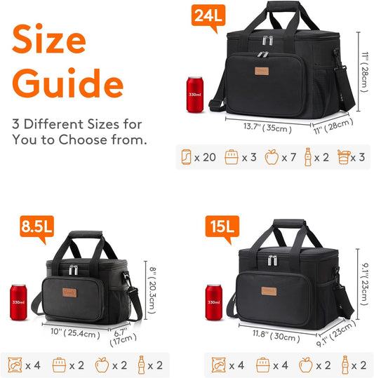 15L Insulated Cooler Lunch Bag – Fits 24 Cans, Leakproof & Portable for Work, School, Beach, Picnic – Black