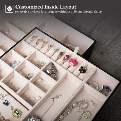 Large Jewellery Box Organiser – 2-Tier Black Storage Case with Removable Dividers for Earrings, Rings, Bracelets & Necklaces, Ideal Gift for Women