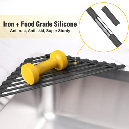 Small Triangle Roll-Up Dish Drying Rack – Black Silicone-Coated Stainless Steel Over-the-Sink Drainer for Sink Corners & Space-Saving Kitchen Storage