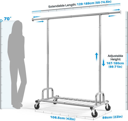 Heavy Duty Clothes Rail – 238Kg Capacity, Extendable Garment Rack with Wheels & Shelves, Space-Saving for Bedroom, Laundry, Apartment – Silver