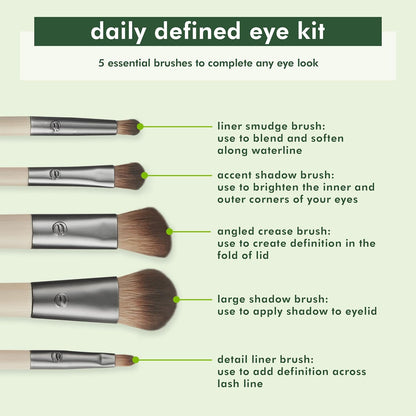 Daily Defined Eye Brush Kit with Storage Tray – 5-Piece Eco-Friendly Makeup Brushes for Liquid, Powder & Cream Eyeshadow & Eyeliner – Vegan, Cruelty-Free Synthetic Bristles