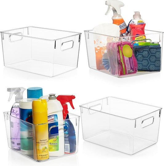 4-Pack Clear Plastic Storage Bins – Kitchen, Pantry & Fridge Organizers for Food, Snacks & Cabinet Essentials – Stackable & BPA-Free Containers