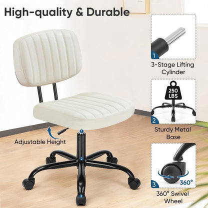 Compact PU Leather Office Chair – Height Adjustable Armless Swivel Task Chair for Small Spaces, Home Office, Bedroom, Student Desk & Vanity Use
