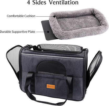 Portable Cat & Small Dog Carrier – Foldable Soft-Sided Pet Travel Bag with Shoulder Strap, Removable Mat & Bowl – Airline Approved