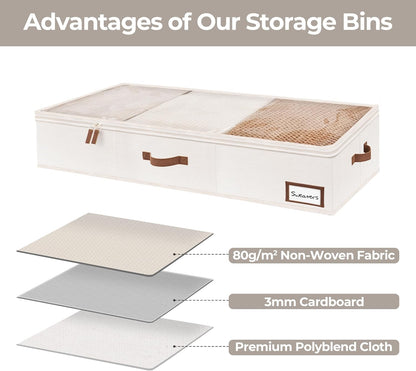 Underbed Storage Boxes with Lids – 2-Pack Large Rigid Containers for Clothes, Bedding & Bedroom Accessories, Ultra-Thick Ivory White Organisers