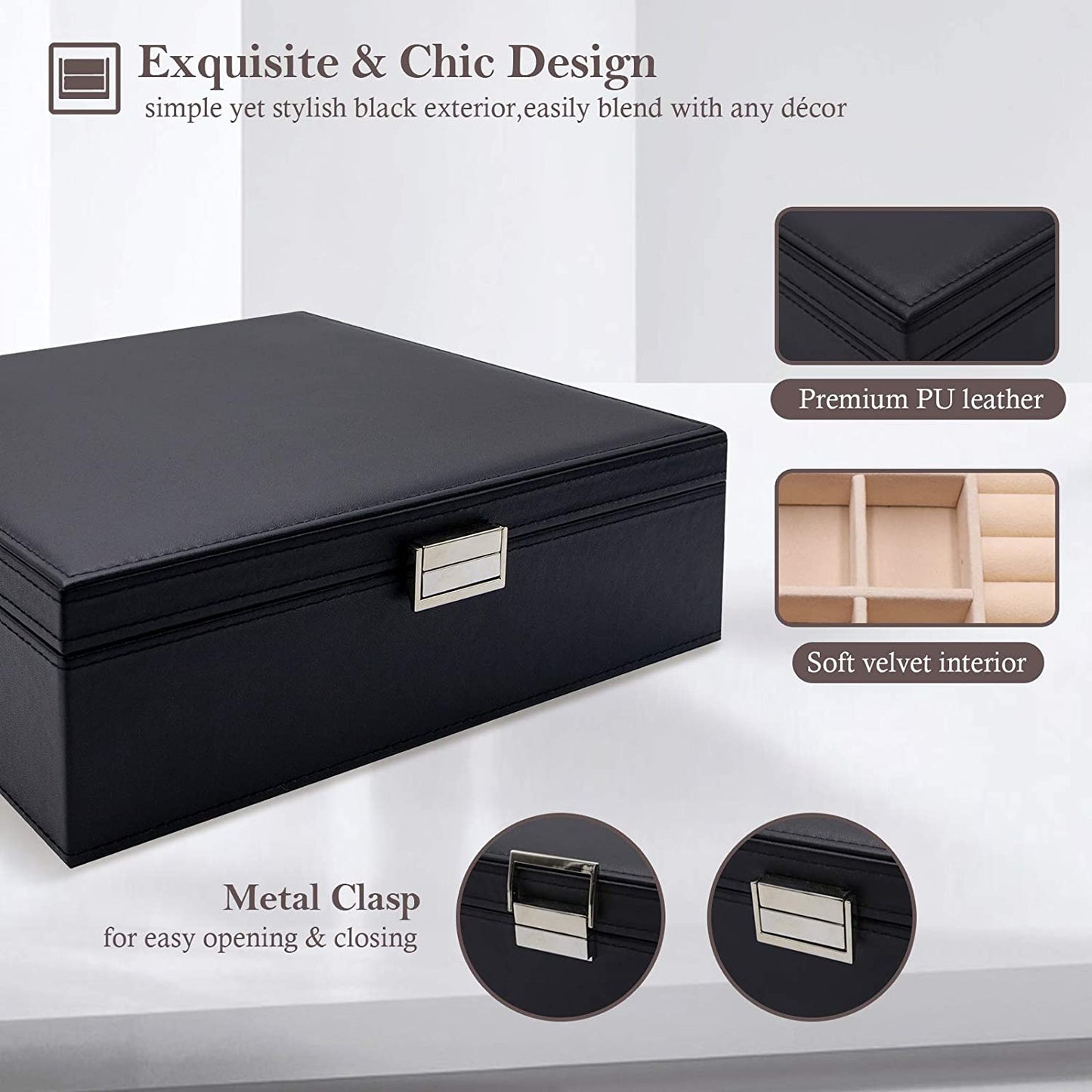 Large Jewellery Box Organiser – 2-Tier Black Storage Case with Removable Dividers for Earrings, Rings, Bracelets & Necklaces, Ideal Gift for Women
