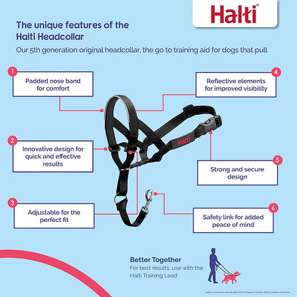 HALTI Headcollar Size 3 Black – UK’s Bestselling Anti-Pull Dog Harness with Padded Noseband, Adjustable Fit & Reflective Strips for Medium Dogs