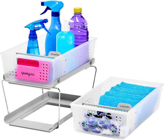 2-Tier Plastic Multipurpose Organizer Rack – Frosted Under-Sink Storage with Divided Slide-Out Bins for Cabinets, Bathrooms & Kitchen Spaces
