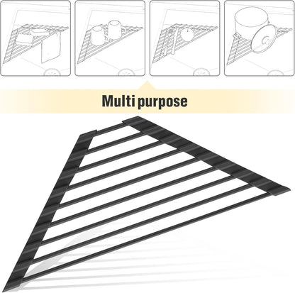Small Triangle Roll-Up Dish Drying Rack – Black Silicone-Coated Stainless Steel Over-the-Sink Drainer for Sink Corners & Space-Saving Kitchen Storage