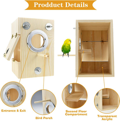 Bird Breeding Nest Box – Wooden & Acrylic Transparent House for Parakeets, Budgies, Cockatiels, Conures, Lovebirds & Finches