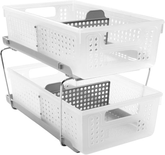 2-Tier Plastic Multipurpose Organizer Rack – Frosted Under-Sink Storage with Divided Slide-Out Bins for Cabinets, Bathrooms & Kitchen Spaces