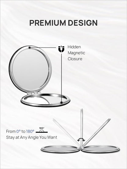Compact Mirror with 1X/10X Magnification – Round PU Leather Travel Mirror for Purse, Makeup & Touch-Ups (Classic Black)