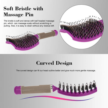 Boar Bristle Hair Brush Set – Curved & Vented Detangling Brushes for Smoothing, Styling & Shine (Pink + Purple)