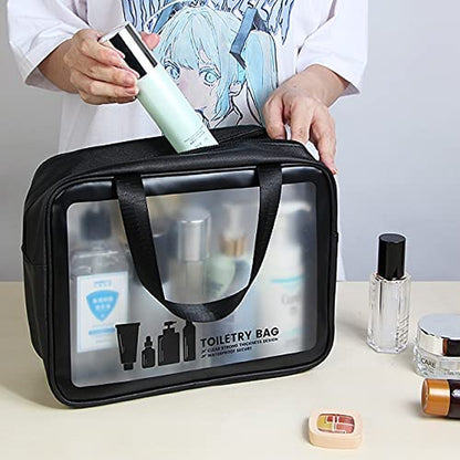 3-Piece Clear Toiletry Bag Set – Waterproof PVC Travel Makeup & Wash Bags with Zipper for Women & Men (Black)