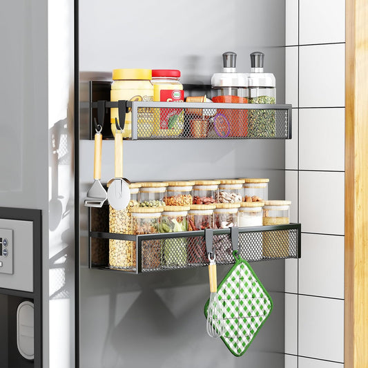 2-Pack Magnetic Spice Rack for Refrigerator – Fridge Organizer Shelves with 4 Moveable Hooks – Space-Saving Magnetic Kitchen Storage Shelf for Spices & Utensils