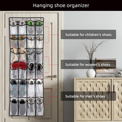 Over-the-Door Hanging Shoe Organizer – 24 Large Mesh Pockets Shoe Rack for Men, Women & Kids – Space-Saving Door Storage Bag (White)