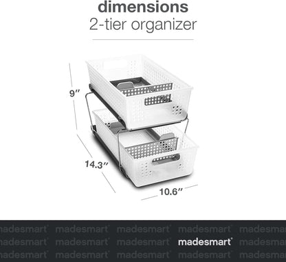 2-Tier Plastic Multipurpose Organizer Rack – Frosted Under-Sink Storage with Divided Slide-Out Bins for Cabinets, Bathrooms & Kitchen Spaces