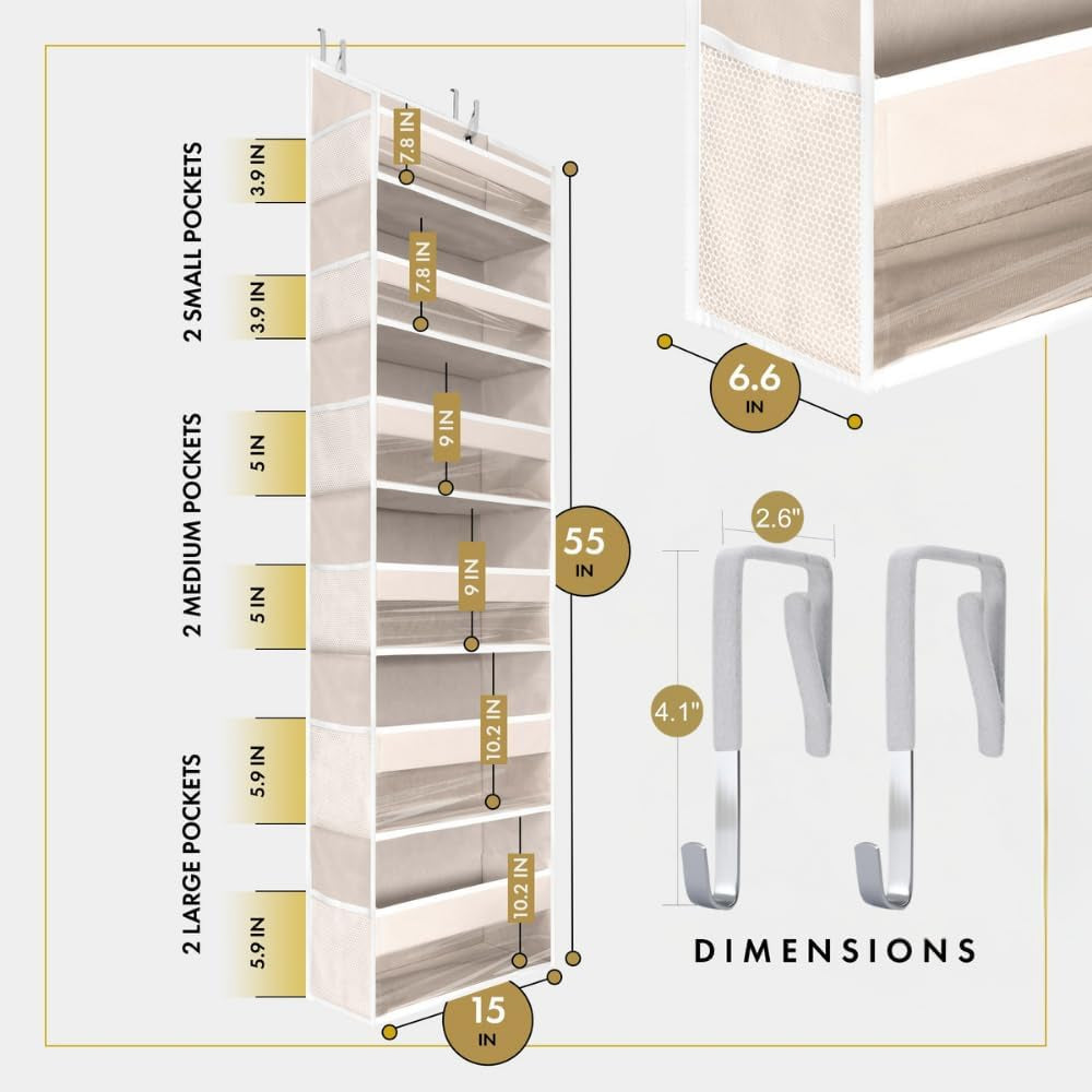 Heavy Duty Over-the-Door Organizer – 55"x14"x6.7" Hanging Storage with 6 Large Front & 12 Side Pockets for Bedroom, Bathroom & Nursery (Ivory)