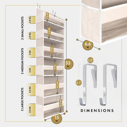 Heavy Duty Over-the-Door Organizer – 55"x14"x6.7" Hanging Storage with 6 Large Front & 12 Side Pockets for Bedroom, Bathroom & Nursery (Ivory)