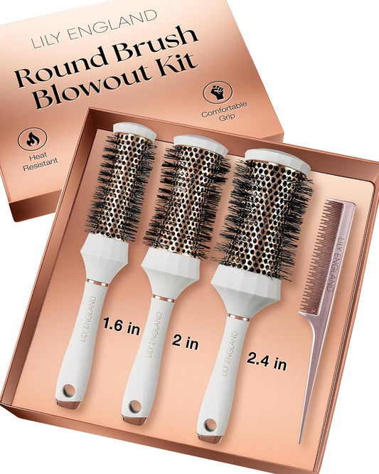 4-Piece Round Hair Brush Set – Professional Blow Dry Kit with 3 Thermal Round Brushes & Styling Comb for Volume, Curling & Smoothing, Beauty Gift Set for Women