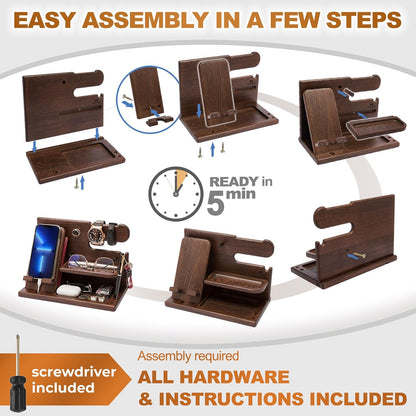 Wood Phone Docking Station Desk Organizer – Nightstand Key & Wallet Stand, Gift for Men, Dad, Boyfriend, Husband (Xmas, Birthday, Anniversary)