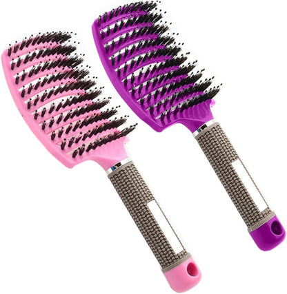 Boar Bristle Hair Brush Set – Curved & Vented Detangling Brushes for Smoothing, Styling & Shine (Pink + Purple)