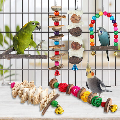 Bird Toys & Perch Set – 6-Pack Wooden Chew Toys & Stand for Parakeets, Cockatiels, Conures, Budgies, Lovebirds & Small to Medium Birds
