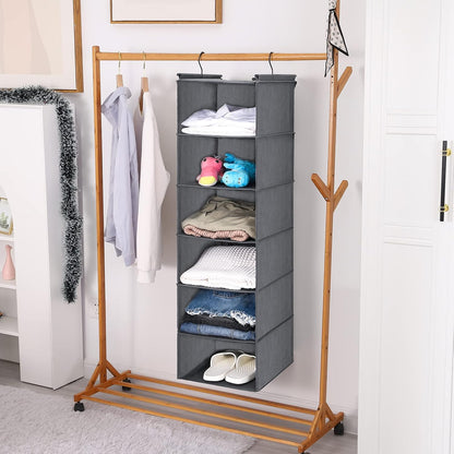 6-Tier Hanging Closet Organizer – Foldable Fabric Shelf with 2 Sturdy Hooks for Wardrobe & Storage Organization (Grey)