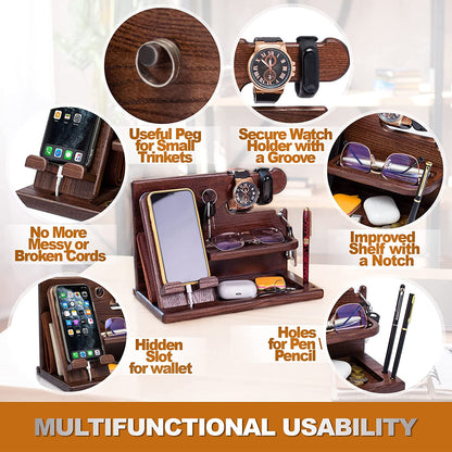 Wood Phone Docking Station Desk Organizer – Nightstand Key & Wallet Stand, Gift for Men, Dad, Boyfriend, Husband (Xmas, Birthday, Anniversary)