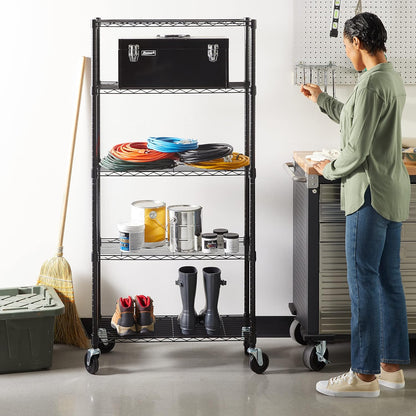 5-Shelf Medium Storage Unit – Heavy Duty Adjustable Shelving with 4" Casters & Levelling Feet, 680Kg Capacity, 76.2×35.6×164.5 cm, Black