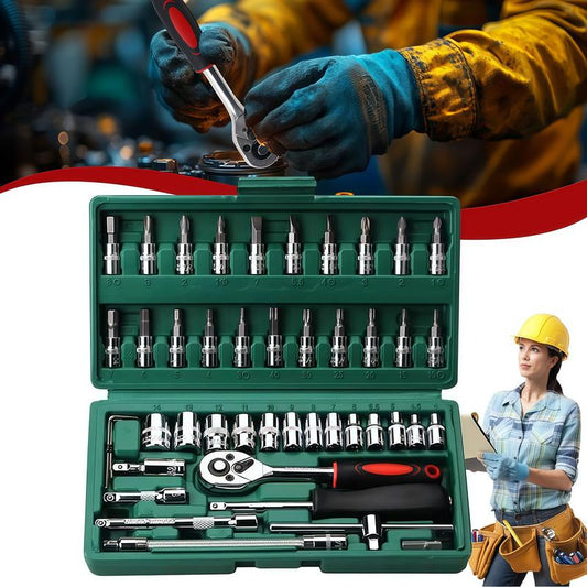 53/46-Piece Car Repair Tool Set – Ratchet Torque Wrench, Spanner, Screwdriver & Socket Combo Kit for Bicycle, Auto & Mechanic Use