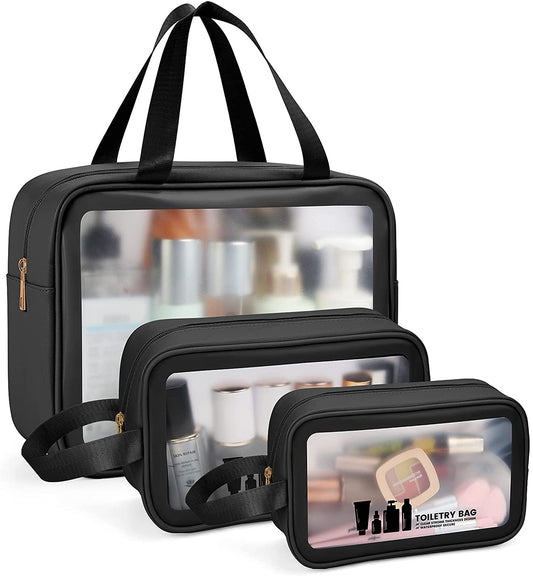 3-Piece Clear Toiletry Bag Set – Waterproof PVC Travel Makeup & Wash Bags with Zipper for Women & Men (Black)